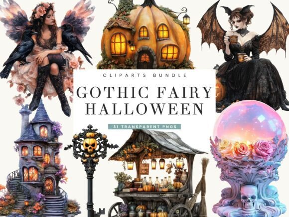 Gothic Fairy Halloween Clipart Bundle: Elevating Spooky Season Design with Watercolor Elegance