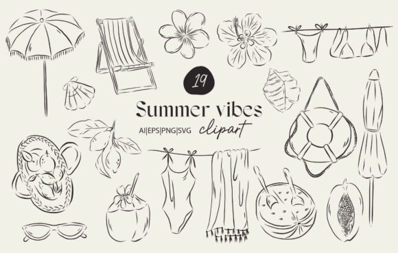 Summer Beach Clipart Collection: Elevating Coastal Design with Minimal Line Art