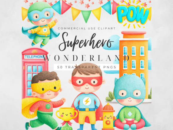 Superhero Clipart Kids Watercolor PNG Set: Elevate Your Creative Projects