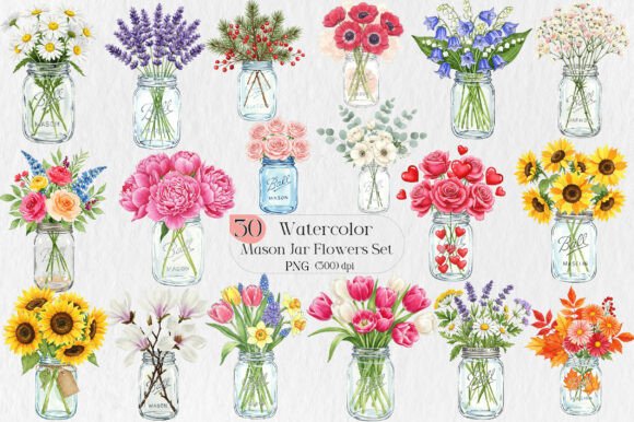 Watercolor Mason Jar Flowers Set: A Creative Asset
