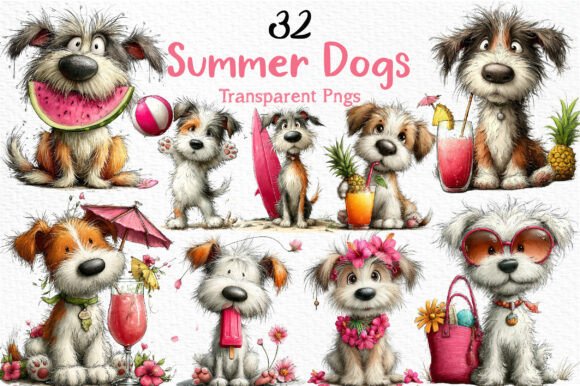 Whimsical Summer Dogs Clipart PNG: Elevate Your Creative Projects with Playful Charm