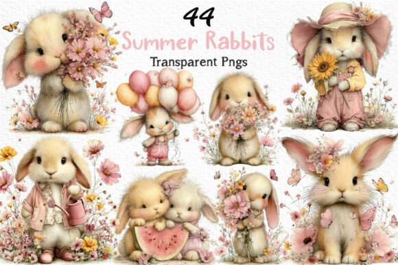 Whimsical Summer Rabbits Clipart PNG