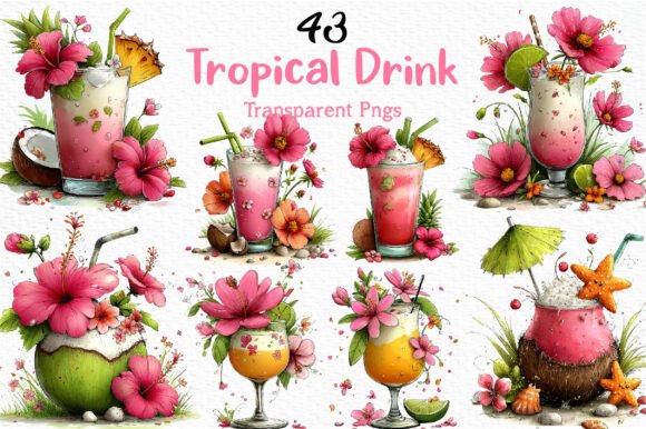 Whimsical Tropical Drink Clipart PNG: Elevating Summer Design with Hand-Painted Charm